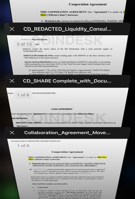 A screenshot showing leaked 'Cooperation Agreement' documents from Coindesk, including 'CD_REDACTED_Liquidity_Consul...', 'CD_SHARE Complete_with_Docu...', and 'Collaboration_Agreement_Move...' related to Rentech Labs.