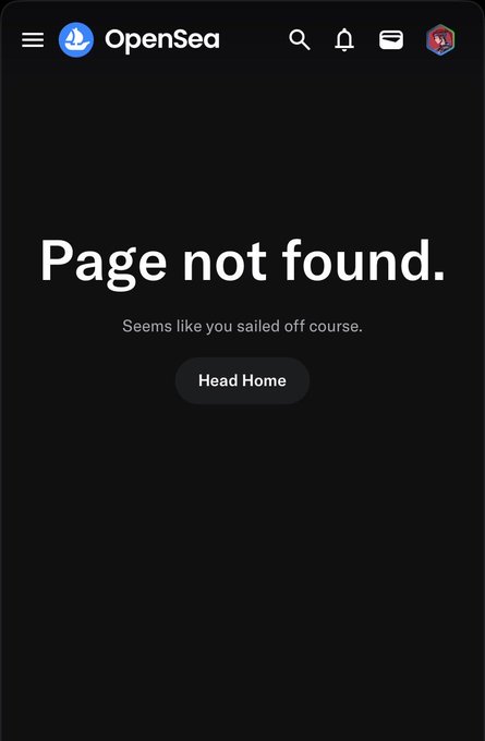 An OpenSea app screen displaying a 'Page not found.' error message with the text 'Seems like you sailed off course.' and a 'Head Home' button.
