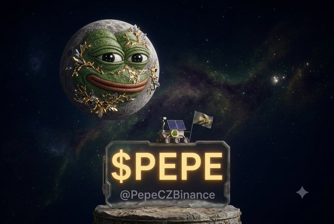 A '$PEPE' promotional graphic featuring a golden-crowned Pepe moon with a lunar rover, tagged @PepeCZBinance against a starry space background.