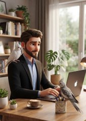 A whimsical AI-generated illustration of a bearded man in a suit working on an Apple laptop at a wooden desk, with a white bird perched on his shoulder and another bird standing on a mug beside him.