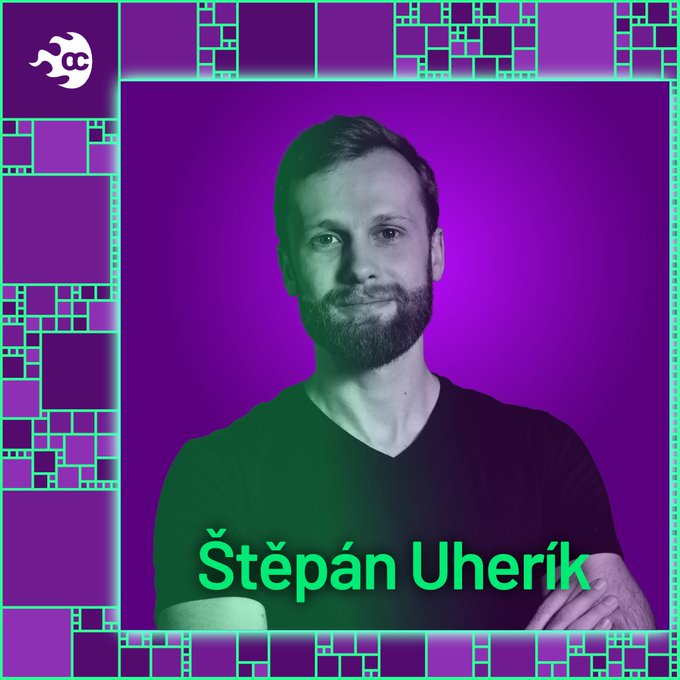 A portrait graphic of a man named 'Štěpán Uherík' against a purple background with green geometric patterns and a logo in the corner.