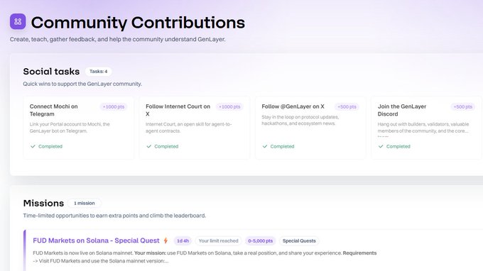 A 'Community Contributions' webpage displaying 'Social tasks' (Connect Mechi on Telegram, Follow Internet Court on X, Follow @GenLayer on X, Join the GenLayer Discord) and a 'Missions' section featuring a 'FUD Markets on Solana - Special Quest'.