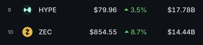 The image shows a cryptocurrency ranking list featuring HYPE at #9 with a price of $79.96 (up 3.5%) and a market cap of $17.78B, alongside ZEC at #10 with a price of $854.55 (up 8.7%) and a market cap of $14.44B. However, the caption's claim that both are "top 3 tokens" appears inaccurate, as the image actually ranks them at #9 and #10 respectively.