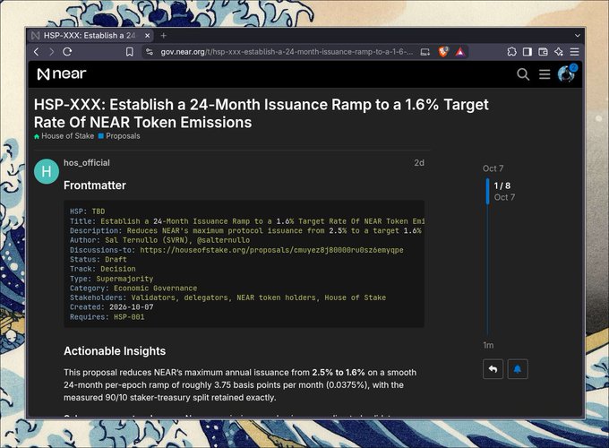 A screenshot of a webpage from 'gov.near.org' displaying a proposal titled 'HSP-XXX: Establish a 24-Month Issuance Ramp to a 1.6% Target Rate Of NEAR Token Emissions' by hos_official, detailing a reduction in NEAR's maximum annual issuance from 2.5% to 1.6%.