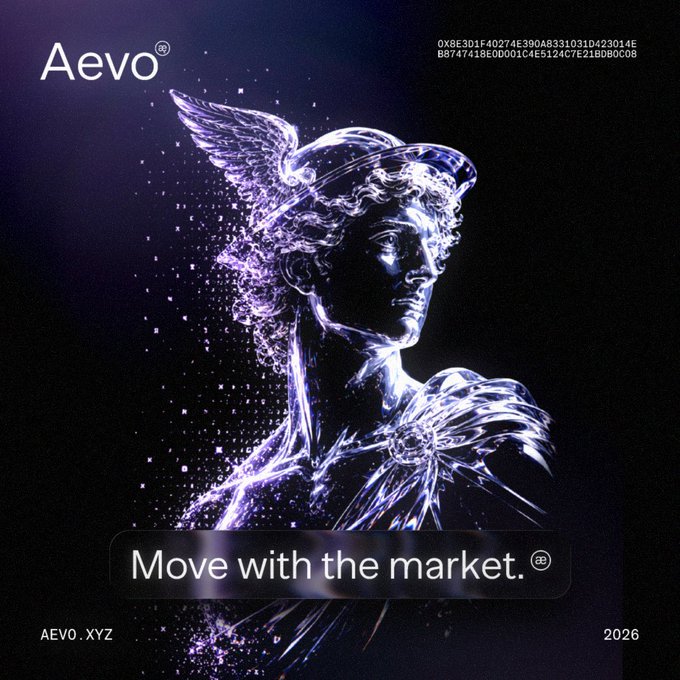 An AI-generated image depicts a sculpture of Mercury with the text "Aevo" and "Move with the market." visible, referencing the volatility of financial markets and Aevo's role in facilitating trades.