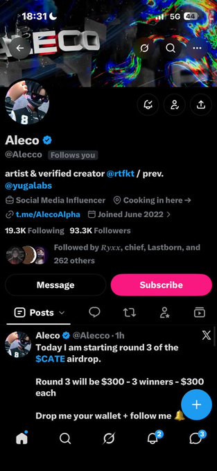A Twitter/X mobile screenshot of a verified account named 'Alecco' (@Alecco) with 19.3K following and 93.3K followers, announcing Round 3 of a $CATE airdrop where 3 winners will receive $300 each.