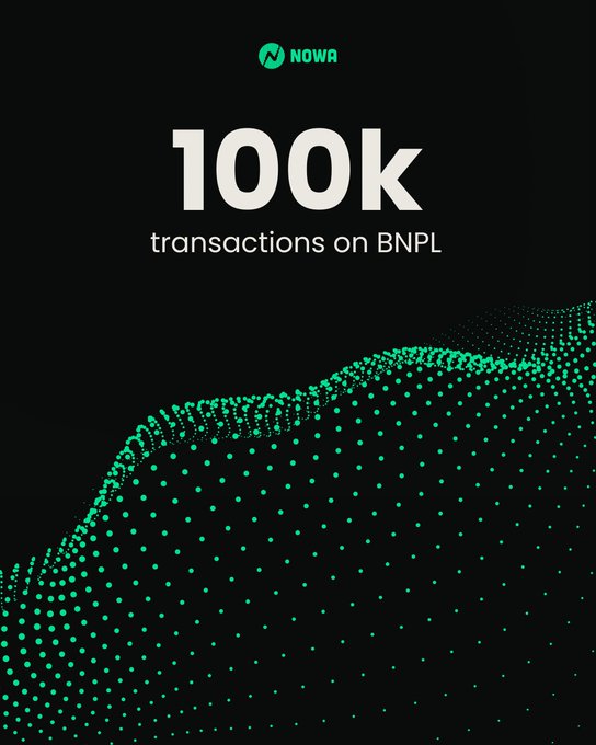 A NOWA promotional graphic highlights '100K transactions on BNPL' with a green wave-shaped particle design on a black background.