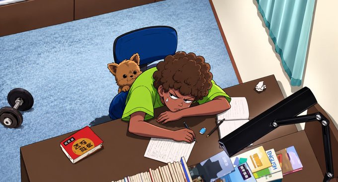 An anime-style illustration of a tired boy with curly hair studying at a desk with a dog on his shoulder, surrounded by textbooks.