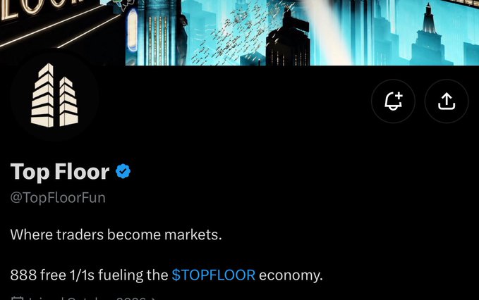 A Twitter profile page for @TopFloorFun ("Top Floor," verified) displays the tagline "Where traders become markets" and promotes "888 free 1/1s fueling the $TOPFLOOR economy." This aligns with the accompanying post highlighting the project's free mint of 888 unique 1/1 NFTs as an early opportunity for collectors.