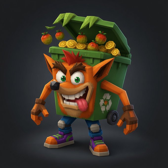 3D render of Crash Bandicoot wearing a green recycling dumpster filled with gold coins and Wumpa fruits on his back, styled after a recycling bin character.