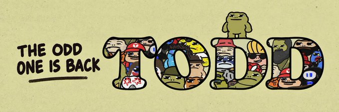 Promotional graphic reading 'THE ODD ONE IS BACK' with large 'TODB' letters filled with various NFT character illustrations on a yellow background.