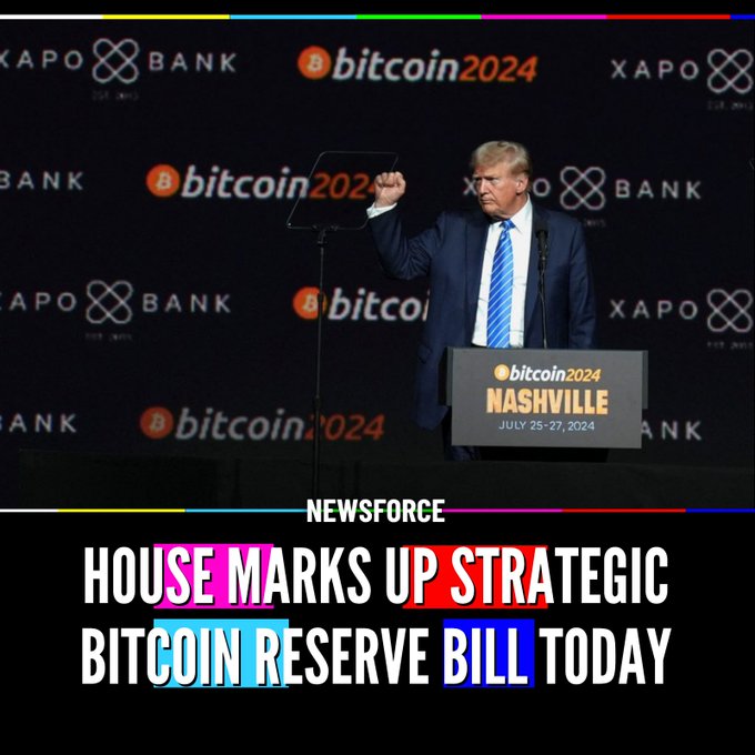 Former President Donald Trump speaks at a podium with a raised fist during the Bitcoin 2024 conference in Nashville, with the backdrop displaying "bitcoin 2024," "XAPO BANK," and "NASHVILLE JULY 25-27, 2024," while an overlaid headline reads "HOUSE MARKS UP STRATEGIC BITCOIN RESERVE BILL TODAY," tying his presidential executive order on a Strategic Bitcoin Reserve to the House Financial Services Committee's markup to codify the directive into law, including a 180-day Treasury deadline and a 20-year lock-up period.
