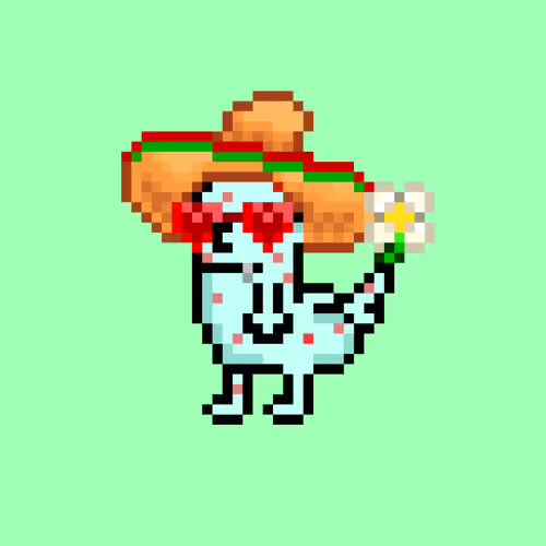 A pixel art animation of a blue, blob-like character wearing a red flower and sombrero, dancing against a green background.