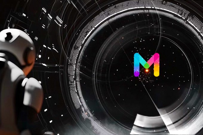 A stylized graphic showing an astronaut's helmet in the foreground with a colorful 'M' logo in a circular space-themed digital tunnel in the background.
