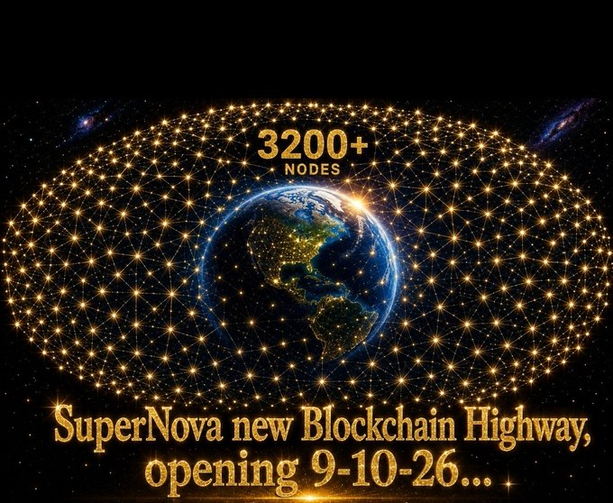 A promotional graphic for 'SuperNova new Blockchain Highway' featuring a glowing Earth surrounded by 3200+ nodes against a starry space background, with an opening date of 9-10-26.