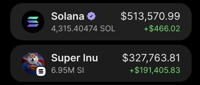 A crypto portfolio screenshot displays two holdings: 4,315.40474 SOL (Solana) valued at $513,570.99 with a +$466.02 gain, and 6.95M SI (Super Inu) valued at $327,763.81 with a massive +$191,405.83 profit—visually reinforcing the poster's claims of strong gains on both tokens, particularly the meme coin "printing" massive profits.