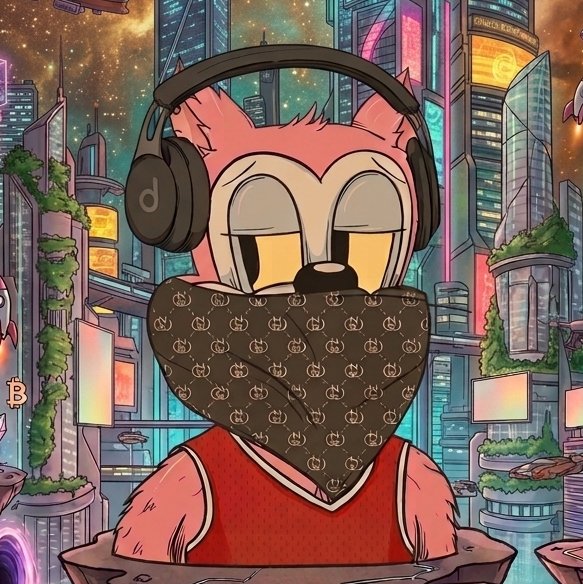 An anthropomorphic pink cat-like character wearing large black headphones and a Gucci-patterned bandana mask stands against a vibrant cyberpunk cityscape featuring glowing neon billboards and a sign reading 'GHOST BURGER.'