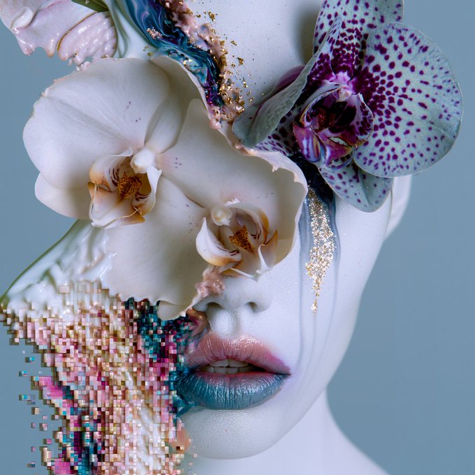 Surreal fashion portrait of a pale face partly covered by large white and purple-speckled orchids, with glitter, painted lips, and a pixelated mosaic across one cheek and the lower face.