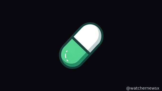 A stylized, animated graphic of a green and white capsule pill centered on a black background, watermarked with '@watchernewsx' in the corner.