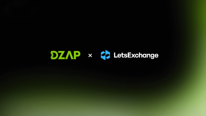 A promotional graphic on a dark background features the green 'DZAP' logo and the blue 'LetsExchange' logo separated by a small 'x' symbol.