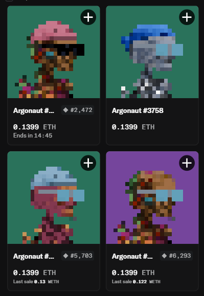 Four NFT marketplace listings showing pixel art Argonaut characters priced at 0.1399 ETH each with various end times and last sale prices.