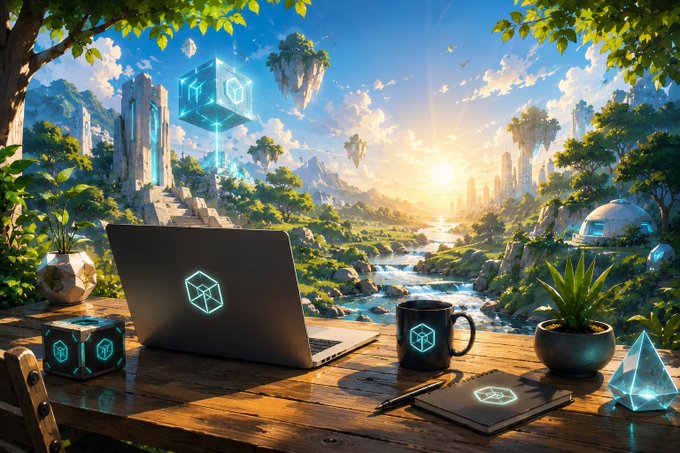 A fantasy digital artwork of a wooden desk with a laptop, mug, and notebook branded with a glowing cyan 'Y' logo, set against a magical backdrop of floating islands, waterfalls, and ancient ruins.