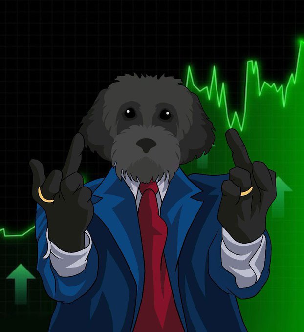 The image features a cartoon dog dressed as a businessman, wearing a suit and tie with one paw raised in the air while making a peace sign with his fingers. The background of the image displays a graph or chart, which could be related to finance or stock market trends. The caption above the image reads "Bears are f**ked Do not let em distract you anon". This phrase is likely a reference to the stock market and bears in general, as they have been known to perform poorly during bear markets.

The cartoon dog's outfit and pose suggest that it might be promoting financial awareness or trying to convey a message about investing or economic trends. The image could also serve as an attention-grabbing advertisement for a financial product or service, using humor and creativity to engage viewers.