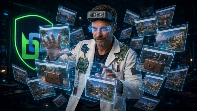 A digital illustration of a scientist or technician wearing smart glasses and a lab coat with circuit board patterns, interacting with floating holographic screens displaying images of luxury real estate, tropical locations, and suitcases. A green shield logo is visible in the background.