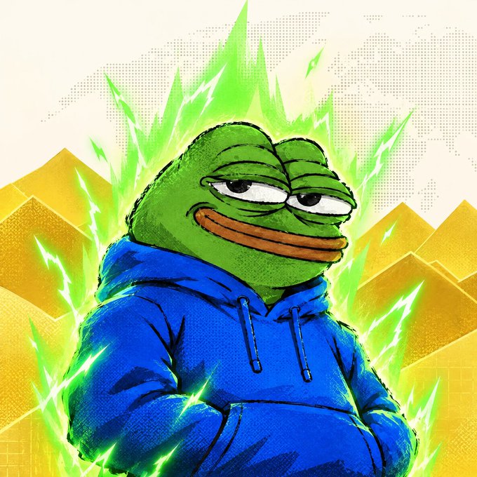 An illustration of Pepe the Frog in a blue hoodie, surrounded by glowing green energy spikes against a golden pyramid backdrop, evoking an anime-style "powering up" pose. The image visually represents the meme coin rally energy referenced in the post's comparison of PEPE, PENGU, and DOGE.
