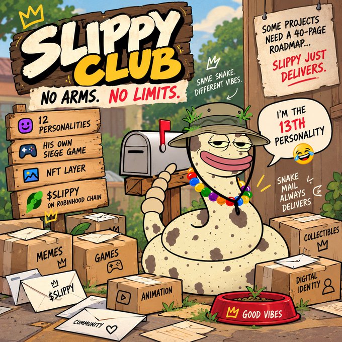 A colorful cartoon promotional image for 'SLIPPY CLUB - NO ARMS. NO LIMITS.' featuring a worm character and boxes labeled memes, games, animation, and digital identity, with text noting 'SOME PROJECTS NEED A 40-PAGE ROADMAP... SLIPPY JUST DELIVERS.'