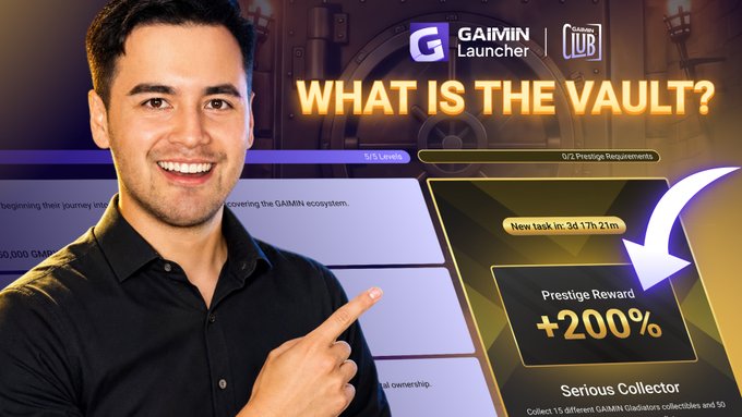 A YouTube thumbnail featuring a smiling man pointing to the right, with text 'WHAT IS THE VAULT?' and 'Gaimin Launcher', highlighting a '+200% Prestige Reward' and 'Serious Collector' badge.