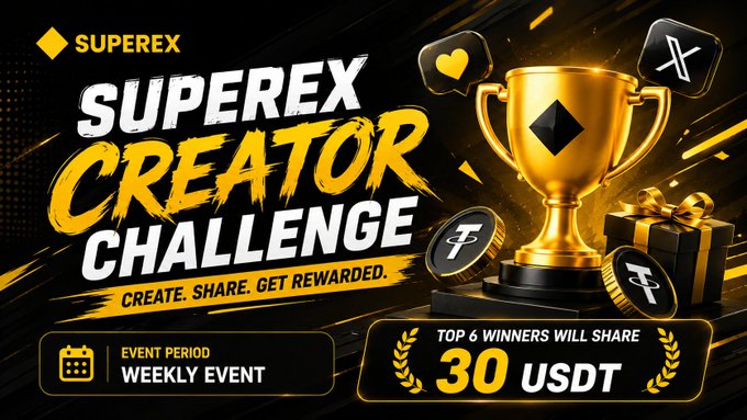 The image is a promotional banner for the "SuperEx Creator Challenge" featuring a gold trophy, wrapped gift box, SuperEx coins, and a heart icon, with text announcing that the top 6 winners will share a 30 USDT prize pool as part of a weekly event encouraging users to create and share content about #SuperEx.