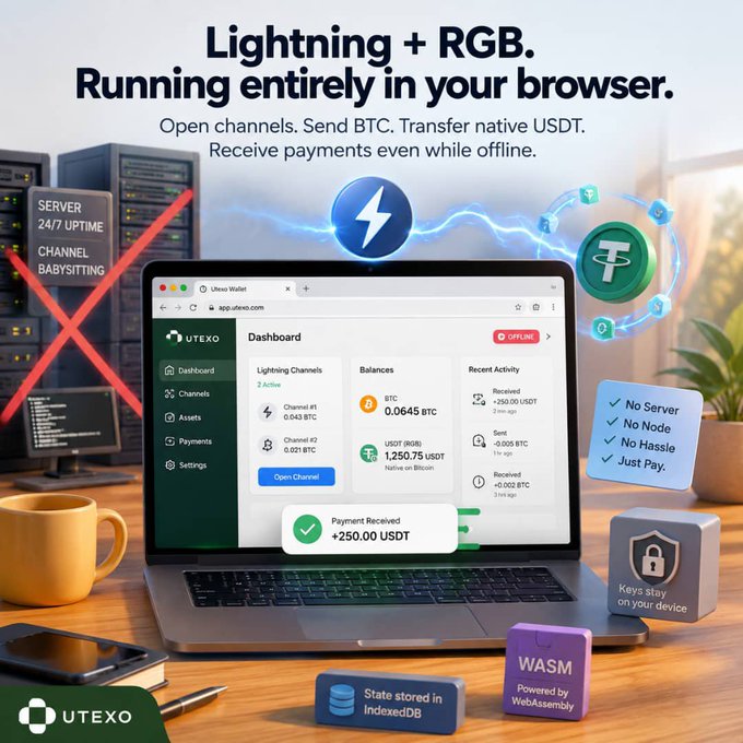 A promotional graphic for the Utexo Wallet advertising a browser-based Lightning + RGB solution, with text reading 'Lightning + RGB. Running entirely in your browser,' and noting no server, no node, no hassle.