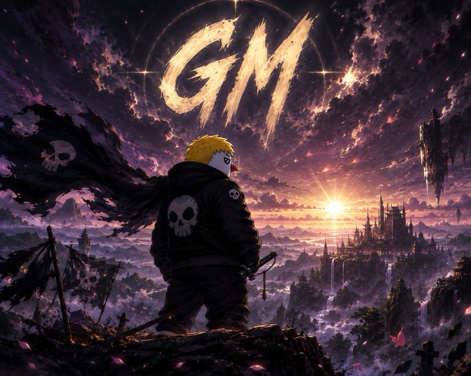 An anime-style illustration of a blonde character in a skull-emblazoned cloak overlooking a fantasy landscape at sunset, with the letters "GM" in the sky.
