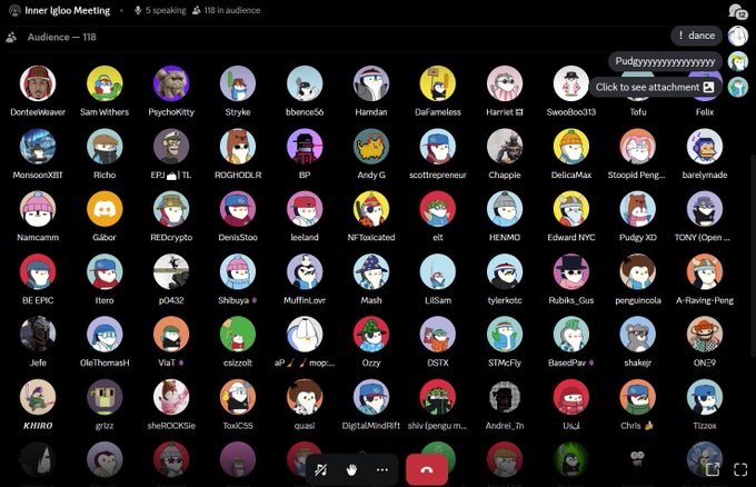 A screenshot of a Discord-style voice channel called 'Inner Igloo Meeting' showing a grid of 118 avatar icons in the audience.