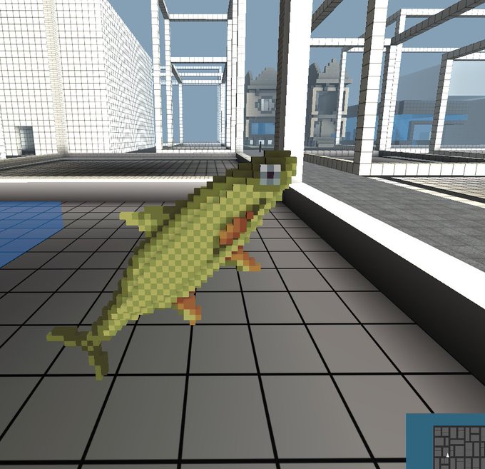 A voxel-style, blocky green creature resembling a fish or axolotl floating in a 3D, grid-based gray and white architectural environment.