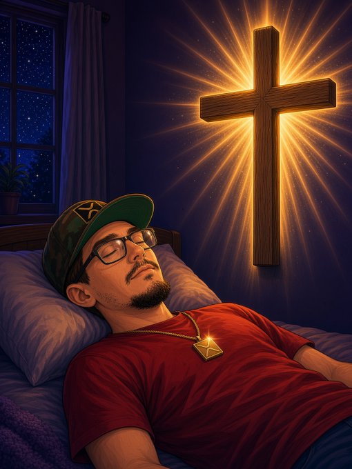 A digital illustration depicts a man wearing glasses and a green cap sleeping peacefully in bed, with a glowing wooden cross radiating golden light on the wall beside him under a starry night sky.
