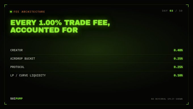 An infographic titled 'EVERY 1.00% TRADE FEE, ACCOUNTED FOR' from SUIPUMP showing fee distribution: Creator 0.40%, Airdrop Bucket 0.25%, Protocol 0.25%, and LP/Curve Liquidity 0.10%.