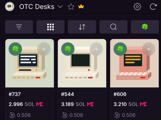 Screenshot of an OTC Desks interface showing three computer listings (#737, #544, #606) priced in SOL cryptocurrency with various icons including a clover symbol.