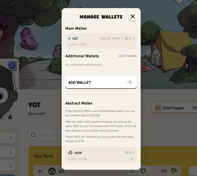 A 'Manage Wallets' popup screen shows 'YOT' as the main wallet with an 'ADD WALLET' option and information about linking an Abstract Wallet by 31/08/2026.