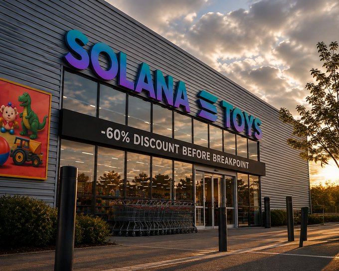A store exterior for "SOLANA TOYS" displays a sign reading "-60% DISCOUNT BEFORE BREAKPOINT," tying the Solana-themed sale directly into the Breakpoint event promotion.