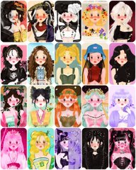 A grid of sixteen pixel-art character portraits showing a variety of stylized faces with different hairstyles, expressions, and outfits.