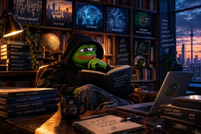 AI-generated or digital illustration of a Pepe the Frog character in a black hoodie reading a book in a cozy room filled with books, a laptop, and screens displaying labels like 'GESELLSCHAFT', 'KULTUR', 'INTERNET', 'MENSCHEN', and 'SAME PEPE DIFFERENT STORIES'.