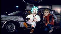 A dark scene featuring Rick and Morty characters standing next to a damaged car, with Rick wearing a spiked jacket and Morty in his signature yellow shirt and backpack.