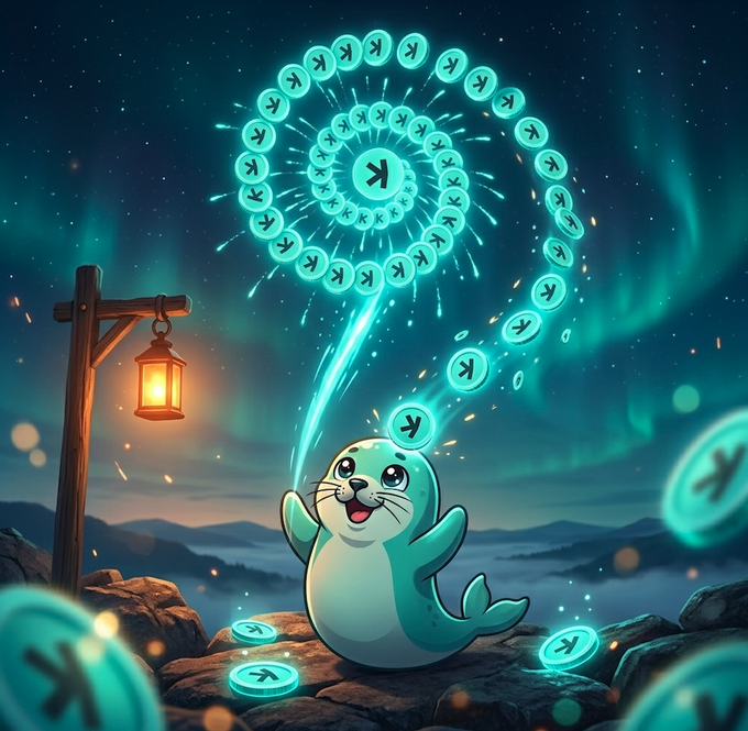 Digital illustration of a cute cartoon seal on rocks under a starry night sky with aurora borealis, surrounded by glowing teal Kaspa (K) cryptocurrency coin fireworks.
