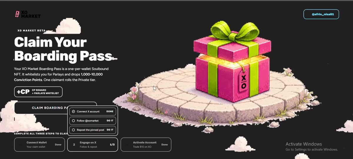 The image features a large pink gift box with a green bow sitting atop a stone platform, surrounded by clouds. The text "Boarding Pass" is displayed at the top of the image, indicating that this is an advertisement for a boarding pass service. The website address "www.boardingspasses.com" is also visible in the image.