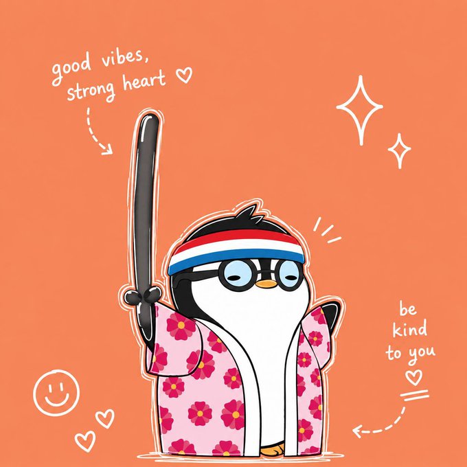 A cartoon penguin wearing a red, white, and blue headband, glasses, and a pink floral robe holds a katana against an orange background, surrounded by sparkles, hearts, and a smiley face. Handwritten text reads "good vibes, strong heart ♡" and "be kind to you ♡," reinforcing the post's message of positivity and self-kindness through this cute, encouraging Pudgy Penguins illustration.