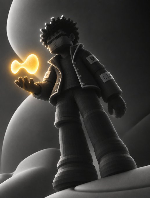 A stylized 3D-rendered figure with a black-and-white checkered helmet stands holding a glowing golden bowtie-shaped object, set against a dark background with abstract curved shapes.