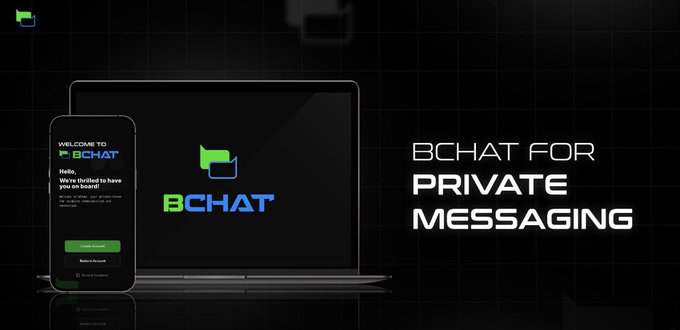 A promotional banner for BCHAT, a private messaging service, displayed on a smartphone and laptop with green and blue branding.