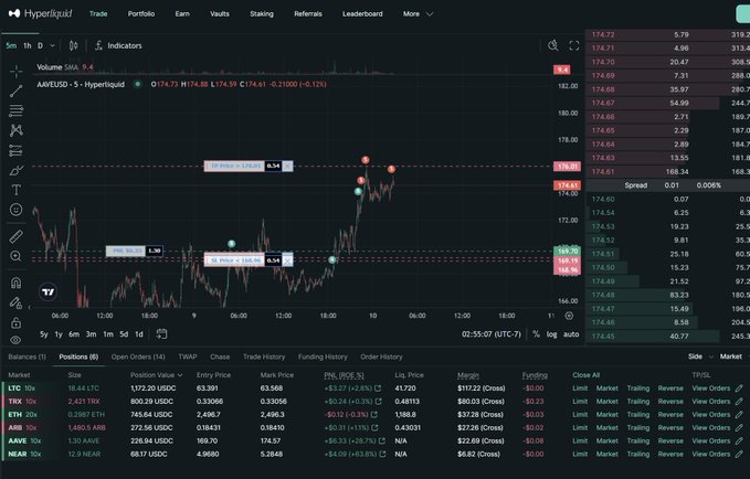 A Hyperliquid trading interface displaying the AAVE/USD 5-minute chart with technical indicators, order book, and open positions including BTC, TRX, ETH, ARB, AAVE, and NEAR.